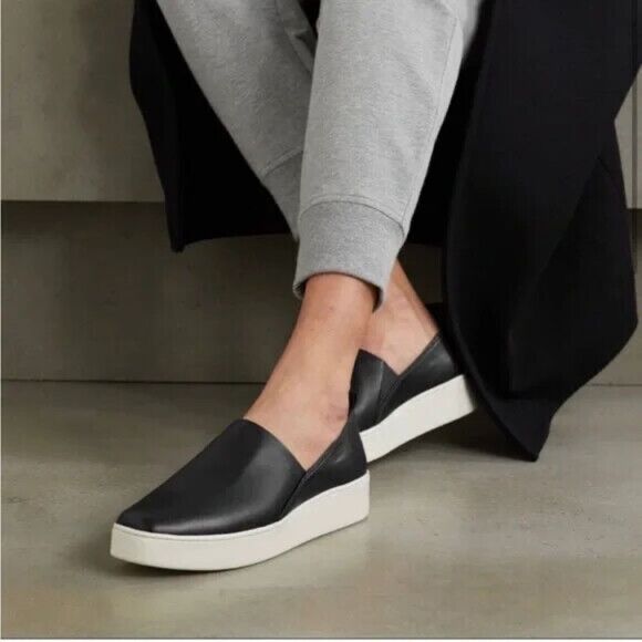 Vince Saxon Black Leather Slip On Platform Sneakers Sz 5.5 - Picture 1 of 7